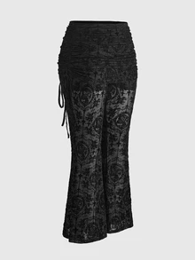ROMWE Goth 大尺碼女款網紗深色哥德風印花彈性抽繩長褲 - 黑色 - 查看 5