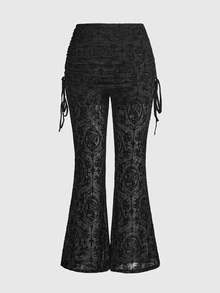 ROMWE Goth 大尺碼女款網紗深色哥德風印花彈性抽繩長褲 - 黑色 - 查看 2