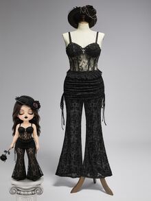 ROMWE Goth 大尺碼女款網紗深色哥德風印花彈性抽繩長褲 - 黑色 - 查看 1