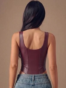 SHEIN BAE بودي نسائي ضيق بحمالات رفيعة من البولي يوريثان المرن بلون برغندي سادة، للخريف/الشتاء، مناسب للحفلات/فعاليات الكوكتيل - عنابي اللون - مشاهدة 2