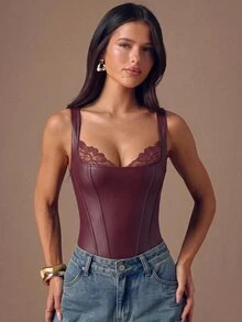 SHEIN BAE بودي نسائي ضيق بحمالات رفيعة من البولي يوريثان المرن بلون برغندي سادة، للخريف/الشتاء، مناسب للحفلات/فعاليات الكوكتيل - عنابي اللون - مشاهدة 3