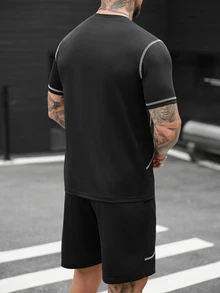 SLATEMANN Men's Contrast Stitching T-Shirt And Shorts Set Shorts Set Two Pieces Men Male Outfit Muscle Fit T Shirt Men Tracksuits For Men 2 Pieces - Black - View 4