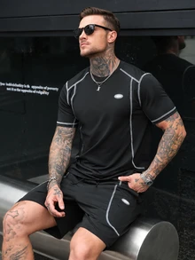SLATEMANN Men's Contrast Stitching T-Shirt And Shorts Set Shorts Set Two Pieces Men Male Outfit Muscle Fit T Shirt Men Tracksuits For Men 2 Pieces - Black - View 1
