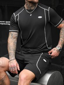 SLATEMANN Men's Contrast Stitching T-Shirt And Shorts Set Shorts Set Two Pieces Men Male Outfit Muscle Fit T Shirt Men Tracksuits For Men 2 Pieces - Black - View 3