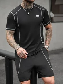 SLATEMANN Men's Contrast Stitching T-Shirt And Shorts Set Shorts Set Two Pieces Men Male Outfit Muscle Fit T Shirt Men Tracksuits For Men 2 Pieces - Black - View 2