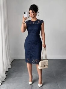 Elenzga Plus Size Women Lace Elegant Waist Gathering Party Formal Cocktail Dress Summer Spring Wedding Guest Party Wedding Navy Blue Autumn - Blue - View 6