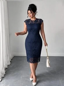 Elenzga Plus Size Women Lace Elegant Waist Gathering Party Formal Cocktail Dress Summer Spring Wedding Guest Party Wedding Navy Blue Autumn - Blue - View 3