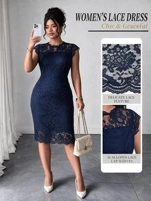 Elenzga Plus Size Women Lace Elegant Waist Gathering Party Formal Cocktail Dress Summer Spring Wedding Guest Party Wedding Navy Blue Autumn - Blue - View 1