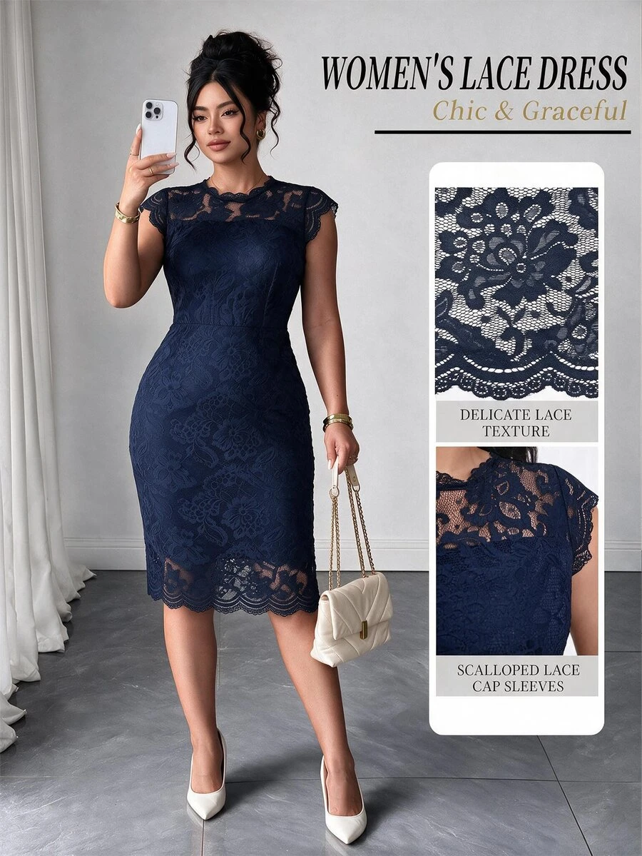 Elenzga Plus Size Women Lace Elegant Waist Gathering Party Formal Cocktail Dress Summer Spring Wedding Guest Party Wedding Navy Blue Autumn - Blue - View 1