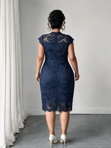 Elenzga Plus Size Women Lace Elegant Waist Gathering Party Formal Cocktail Dress Summer Spring Wedding Guest Party Wedding Navy Blue Autumn - Blue - View 2