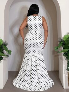 Veslaya 大尺碼女款波點美人魚下擺修身優雅無袖洋裝 - 黑與白 - 查看 7