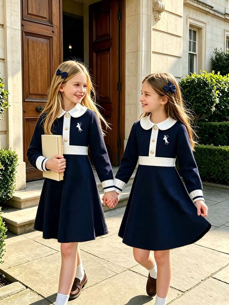 SHEIN Gaun Peri Anak Perempuan Kerah Peter Pan Warna Biru Tua Lengan Panjang Gaya Preppy dengan Motif Kuda Poni Putih dan Kancing Emas, Cocok untuk Ulang Tahun ke-7, Pernikahan, Taman Kanak-kanak, dan Musim Gugur. - Navy Blue - View 6