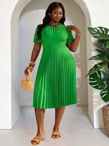 Slaydiva Plus Size Women's Solid Color Ruffle Hem Puff Sleeve Dress Dates Wedding Sage Green Summer Elegant - Green - View 10