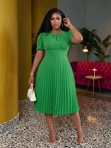 Slaydiva Plus Size Women's Solid Color Ruffle Hem Puff Sleeve Dress Dates Wedding Sage Green Summer Elegant - Green - View 1