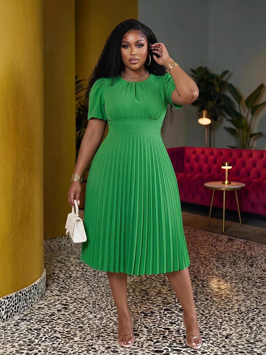 Slaydiva Plus Size Women's Solid Color Ruffle Hem Puff Sleeve Dress Dates Wedding Sage Green Summer Elegant - Green - View 1