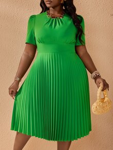 Slaydiva Plus Size Women's Solid Color Ruffle Hem Puff Sleeve Dress Dates Wedding Sage Green Summer Elegant - Green - View 9