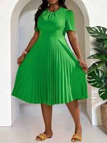 Slaydiva Plus Size Women's Solid Color Ruffle Hem Puff Sleeve Dress Dates Wedding Sage Green Summer Elegant - Green - View 12