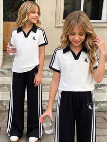 SHEIN Tween Girls 2pcs/Set Casual Athletic 80s V-Neck Collared Graphic Short Sleeve Top Mid-Waist Elastic Waist White Black Long Pants School Summer Family - White - View 2