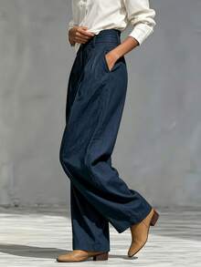 Trelyra Women's Solid Color High Waist Pleated Tapered Long Pants With Pockets - Navy Blue - View 4