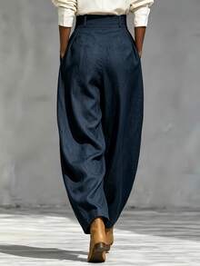 Trelyra Women's Solid Color High Waist Pleated Tapered Long Pants With Pockets - Navy Blue - View 2