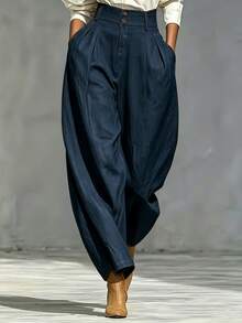 Trelyra Women's Solid Color High Waist Pleated Tapered Long Pants With Pockets - Navy Blue - View 1