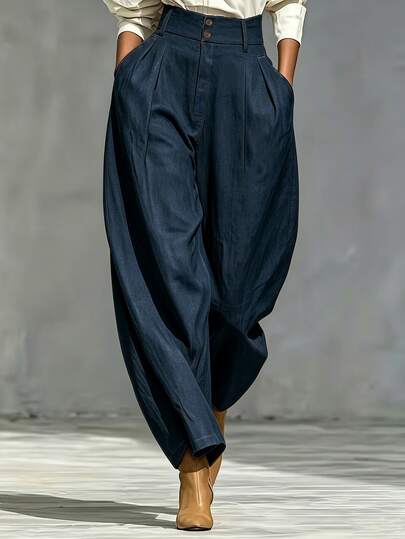 Trelyra Pantalones largos de mujer de unicolor con cintura alta, plisados y bolsillos