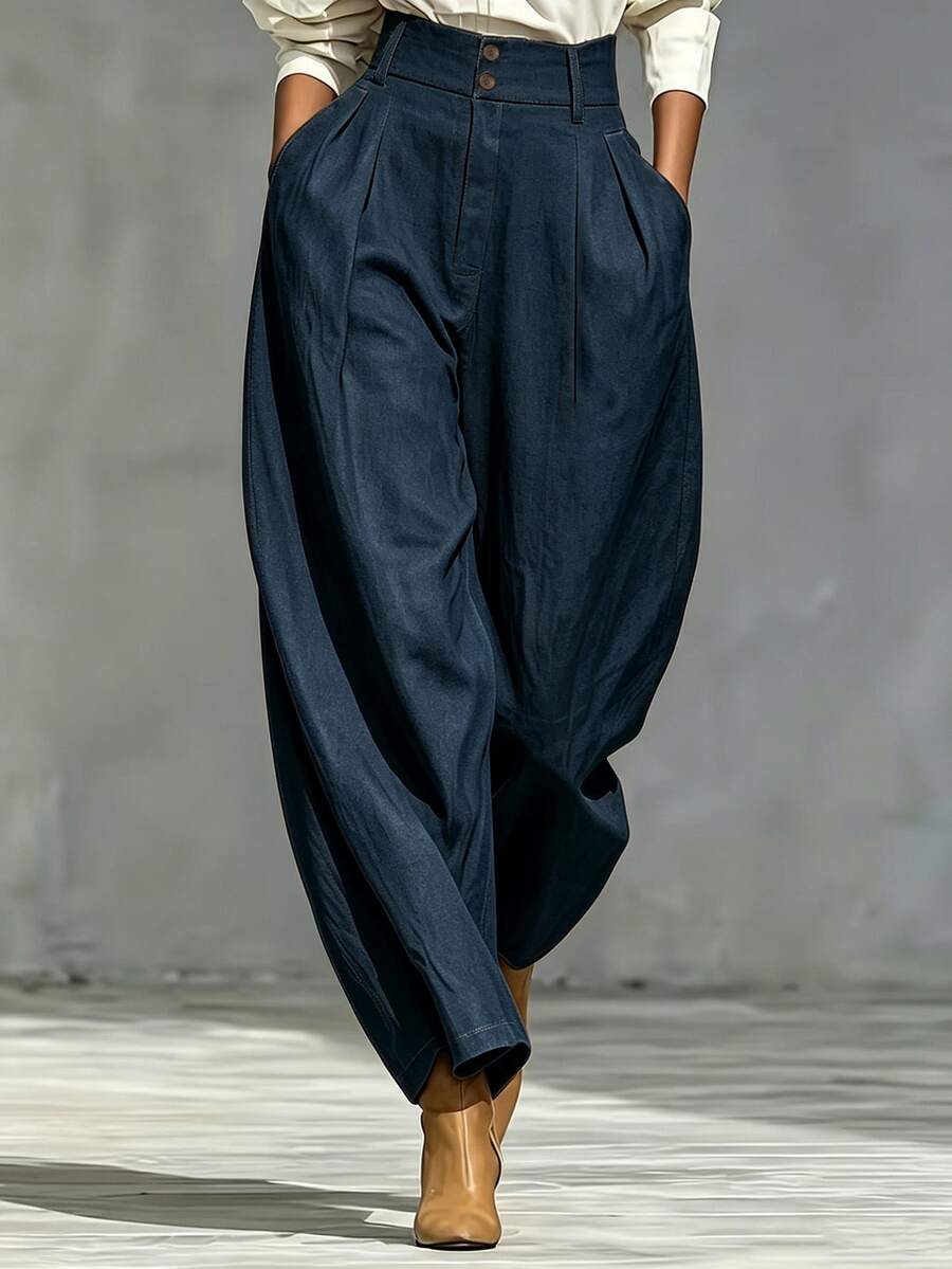 Trelyra Women's Solid Color High Waist Pleated Tapered Long Pants With Pockets - Navy Blue - View 1