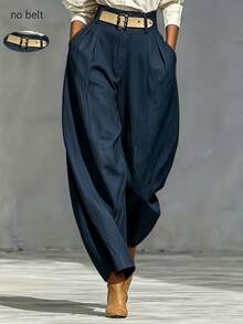Trelyra Women's Solid Color High Waist Pleated Tapered Long Pants With Pockets - Navy Blue - View 3