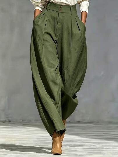 Trelyra Women's Solid Color High Waist Pocket Pleated Tapered Long Pants
