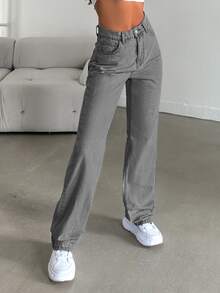 EURMUSE 100%Cotton Women's Straight Leg Denim Jeans - Grey - View 6
