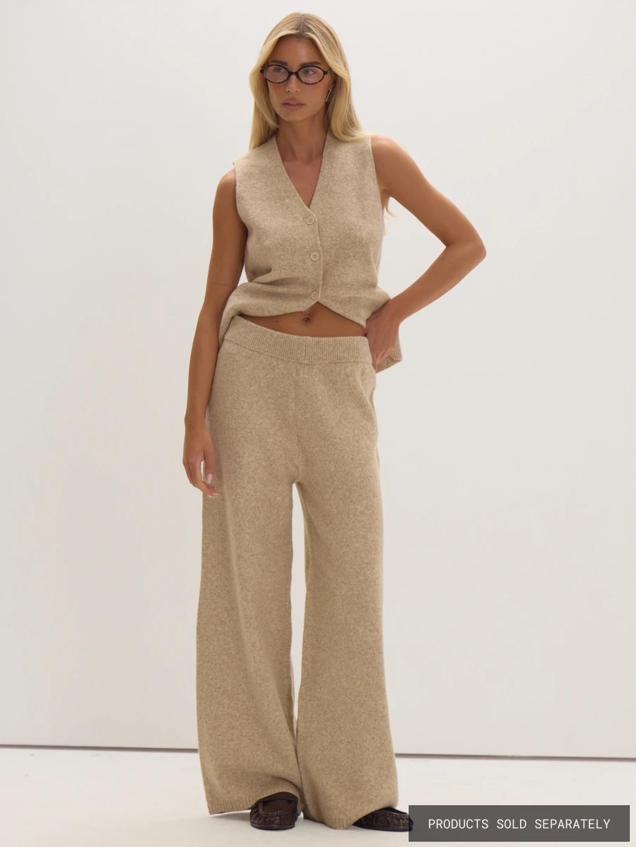 MUSEYN Beige Knit Wide Leg Trousers Cosy Everyday Casual Elegant - Khaki - View 1