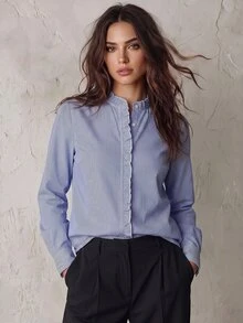 Trelyra بلوزة طويلة الأكمام أنيقة بأسلوب أوروبي وأمريكي جديدة لموضة الربيع/الصيف متعددة الاستخدامات مزينة بحواف مكشكشة وخطوط مناسبة للتنقل اليومي - متعدد الألوان - مشاهدة 6