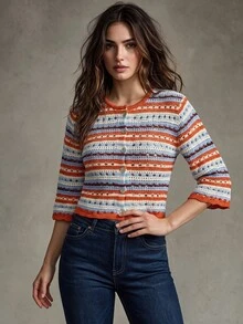 Trelyra Women's Striped Single-Breasted Casual Versatile Knit Cardigan - Orange - View 5