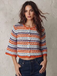 Trelyra Women's Striped Single-Breasted Casual Versatile Knit Cardigan - Orange - View 1