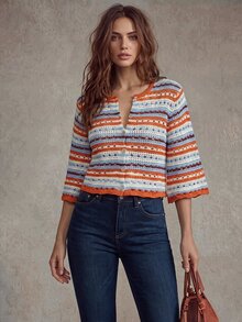 Trelyra Women's Striped Single-Breasted Casual Versatile Knit Cardigan - Orange - View 3