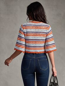 Trelyra Women's Striped Single-Breasted Casual Versatile Knit Cardigan - Orange - View 2