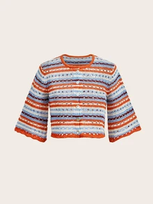 Trelyra Women's Striped Single-Breasted Casual Versatile Knit Cardigan - Orange - View 7