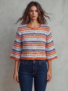 Trelyra Women's Striped Single-Breasted Casual Versatile Knit Cardigan - Orange - View 6