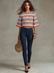 Trelyra Women's Striped Single-Breasted Casual Versatile Knit Cardigan - Orange - View 4