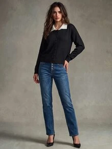 Trelyra Korean Style Minimalist Commuter Black & White Contrast Collar Single-Breasted Loose Casual Versatile Cardigan Sweater - Black - View 3