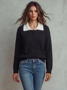 Trelyra Korean Style Minimalist Commuter Black & White Contrast Collar Single-Breasted Loose Casual Versatile Cardigan Sweater - Black - View 6