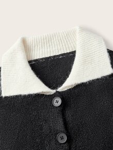 Trelyra Korean Style Minimalist Commuter Black & White Contrast Collar Single-Breasted Loose Casual Versatile Cardigan Sweater - Black - View 9
