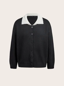 Trelyra Korean Style Minimalist Commuter Black & White Contrast Collar Single-Breasted Loose Casual Versatile Cardigan Sweater - Black - View 7