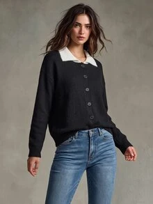 Trelyra Korean Style Minimalist Commuter Black & White Contrast Collar Single-Breasted Loose Casual Versatile Cardigan Sweater - Black - View 1
