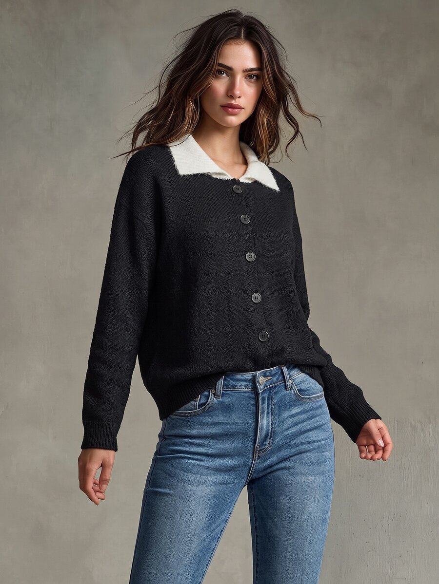 Trelyra Korean Style Minimalist Commuter Black & White Contrast Collar Single-Breasted Loose Casual Versatile Cardigan Sweater - Black - View 1