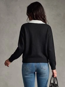 Trelyra Korean Style Minimalist Commuter Black & White Contrast Collar Single-Breasted Loose Casual Versatile Cardigan Sweater - Black - View 2