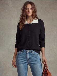 Trelyra Korean Style Minimalist Commuter Black & White Contrast Collar Single-Breasted Loose Casual Versatile Cardigan Sweater - Black - View 5