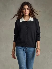 Trelyra Korean Style Minimalist Commuter Black & White Contrast Collar Single-Breasted Loose Casual Versatile Cardigan Sweater - Black - View 4