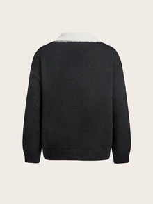 Trelyra Korean Style Minimalist Commuter Black & White Contrast Collar Single-Breasted Loose Casual Versatile Cardigan Sweater - Black - View 8