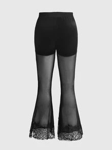 ROMWE Goth Plus Size Women's Sexy Lace Mesh Sheer Tie-Up Flare Pants - Black - View 2